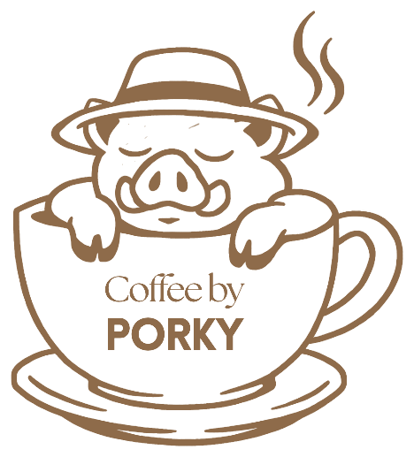 Coffee by Porky pig in coffee cup logo